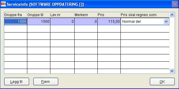 Eksempel på servicevare kan være: Arbeid, Software oppgradering, Rens osv. For å definere at en dél er servicevare, sett kryss i feltet Service-vare.