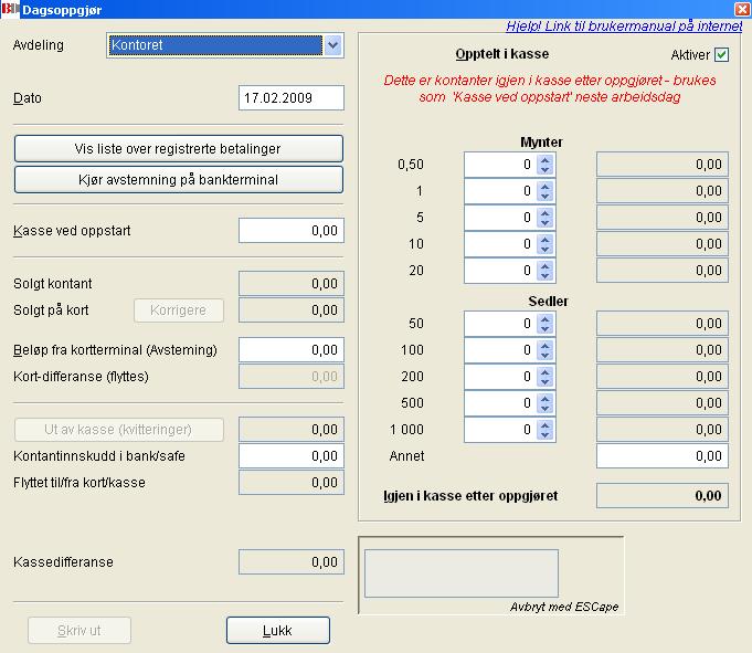 Dagsoppgjør Dette er rapporten som sier hvor mye penger det har blitt omsatt for i løpet av en bestemt dag, skrives ut hver dag idet man skal stenge, eller man utfører denne for dagen før når man