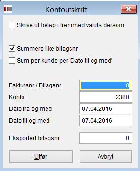 1. Mulighet til å skrive ut i fremmed valuta dersom enkelte kunder benytter dette. 2. Dersom samme bilagsnr har blitt brukt på flere innbetalinger, kan man her få dette slått sammen. F.eks.