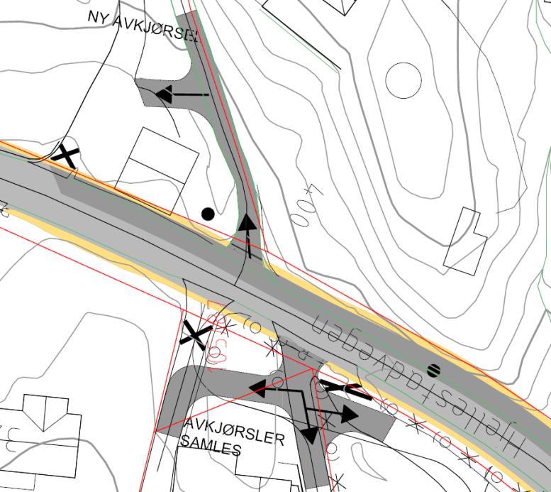 rapport 8 Mellom profil 390 og 410 er det 3 avkjørsler på vestsiden av veien. En foreslått løsning her er å samle disse avkjørslene til 1 avkjørsel.