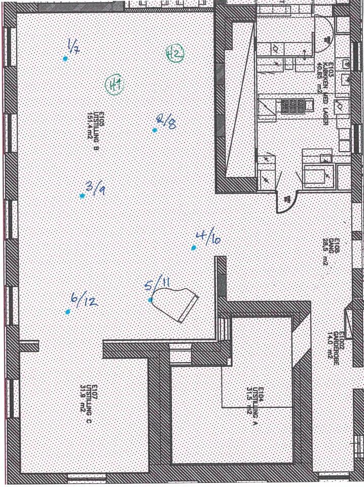 Tegninger av rommet og måleposisjoner Angivelse av målepunkter.