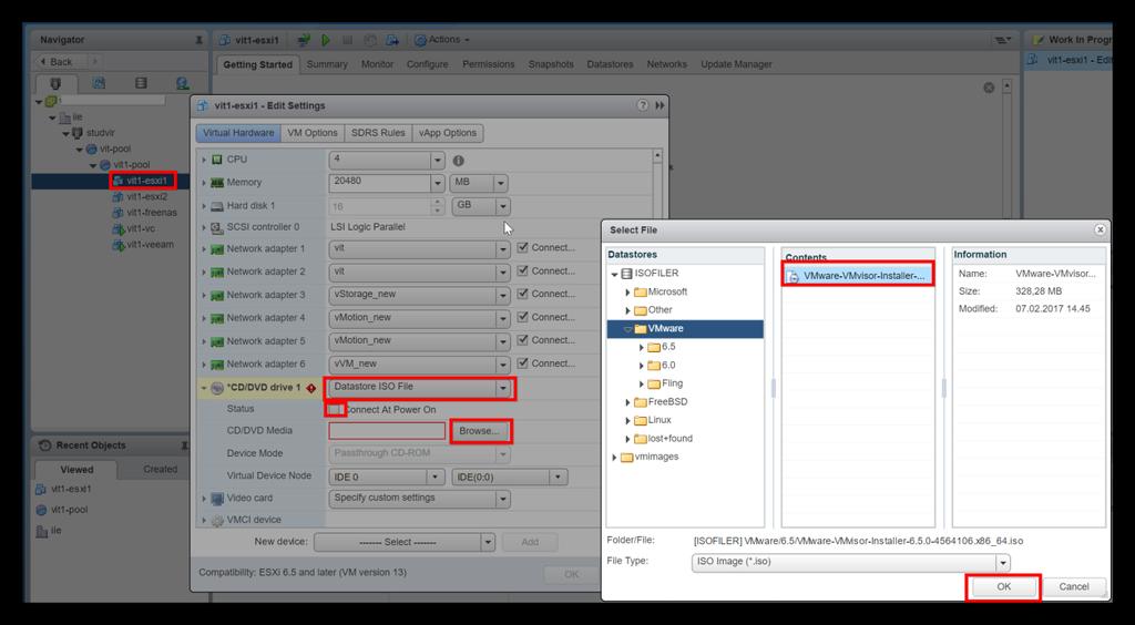 Figur 5 - Velg ISO for ESXi For å få Console i Web Client kan vi enten velge maskinen og klikke på skjermen som vises i toppen eller høyreklikk på VM og velg Open Console.