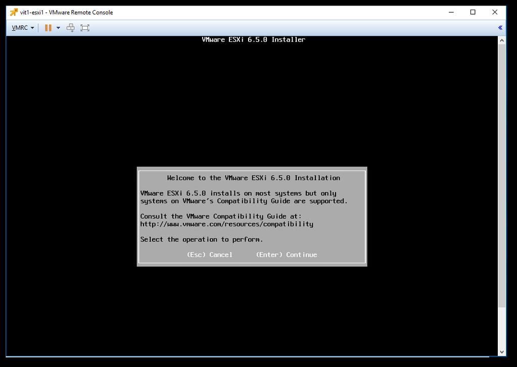 Figur 7 VMware Remote Console installasjon av ESXi Når du starter maskinen for første gang vil den boote fra valgt installasjonsfil.