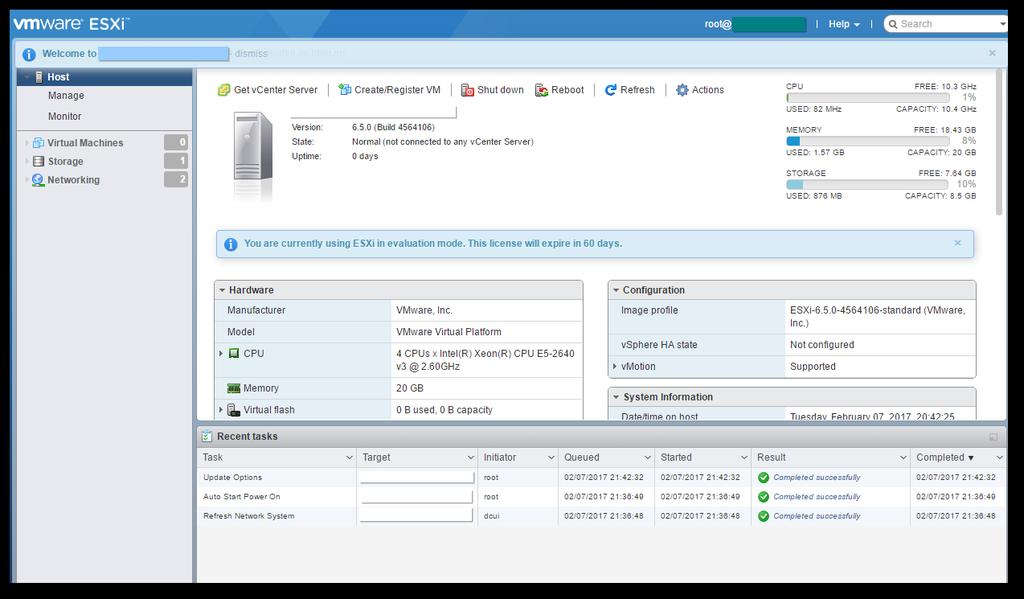 Figur 11 - ESXi HTML5 Client Det første vi gjør etter at ESXi hosten er ferdig installert er å konfigurere NTP-serveren som skal sørge for at våre VMer får samme klokkeslett.