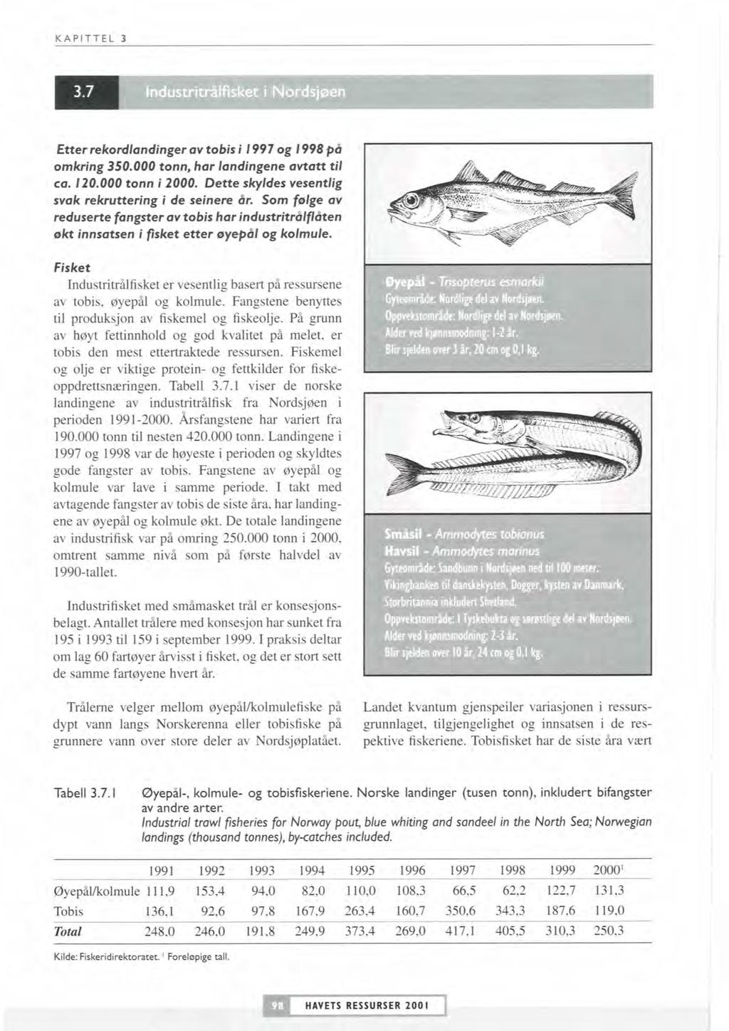 Industritrålfisket i Nordsjøen Etter rekodlandinger civ tobis i 1997 og 1998 p8 omkring 350.000 tonn, har landingene avtatt til I 3 ca. 120.000 tonn i 2000.