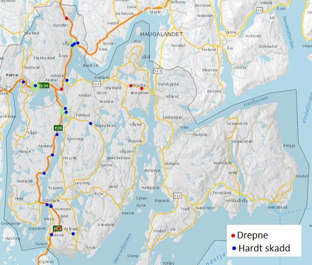 Figur 9: Visar kor det har vore trafikkulykker med drepne eller hardt skadde mellom 2006-2016 (12) Av figuren ser ein at dei mest alvorlege ulykkene skjer også hovudsakeleg på dei mest trafikkerte