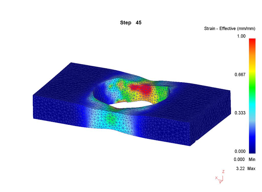 Simulering av materialtester 56 Figur 4.14: Effektiv tøyning i teststykket for Step 35 med skala opp til 1,0 mm/mm. Grafen i Figur 4.