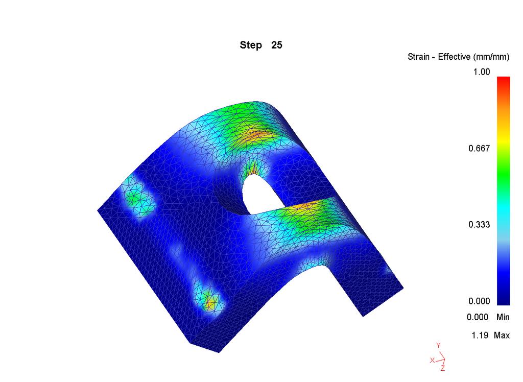 Simulering av materialtester 59 Figur 4.18: Effektiv tøyning i prøven under bøying i Step 25 og 45. Skalaen går opp til 1,0 mm/mm.