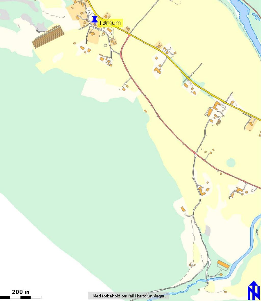 Oversiktskart over Tønjum. Markert området viser registert område på Halabrekka.