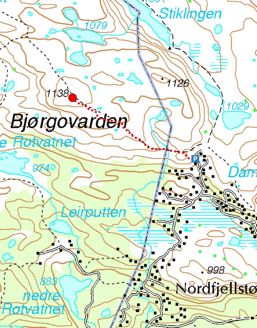 10 Bjørgovarden 1138 moh Adkomst fra sør. Kjør riksvei 33 ca. 2 km fra Bjørgokrysset mot Tonsåsen og ta av mot Bjørgoåsen (bomveg). Kjør ca. 5 km til Nordfjellstølen og videre til veien slutter.