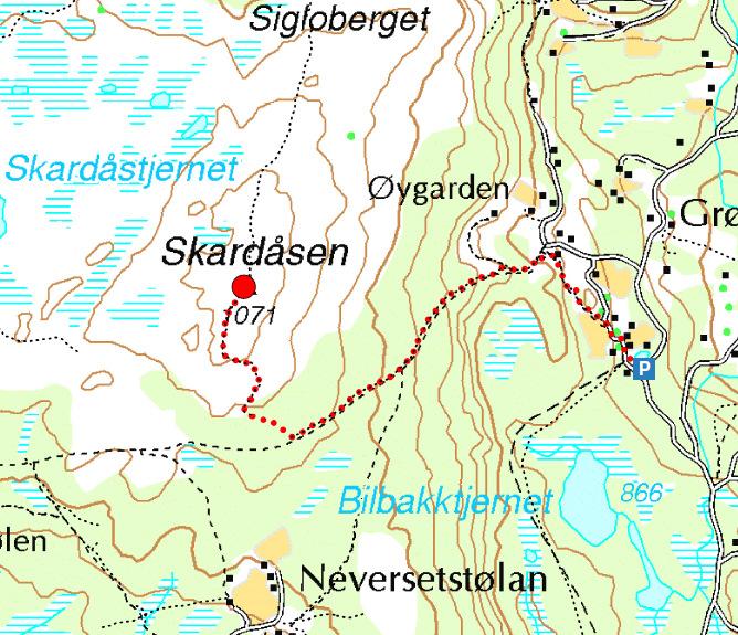 3 Skardåsen 1071 moh Grøslie Skardåsen ca 1 ½ time t/r. En tur med flott utsyn, særlig mot de to dominerende Mellene! Fra Kruk (Nythun) ca 1km på riksvei mot Etnedal.