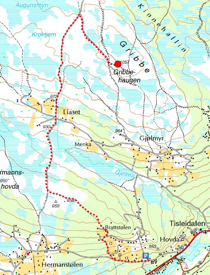 4 Gribbe 1057 moh Lengde: ca. 12 km totalt Tidsbruk: ca. 3 timer Stigning: ca.