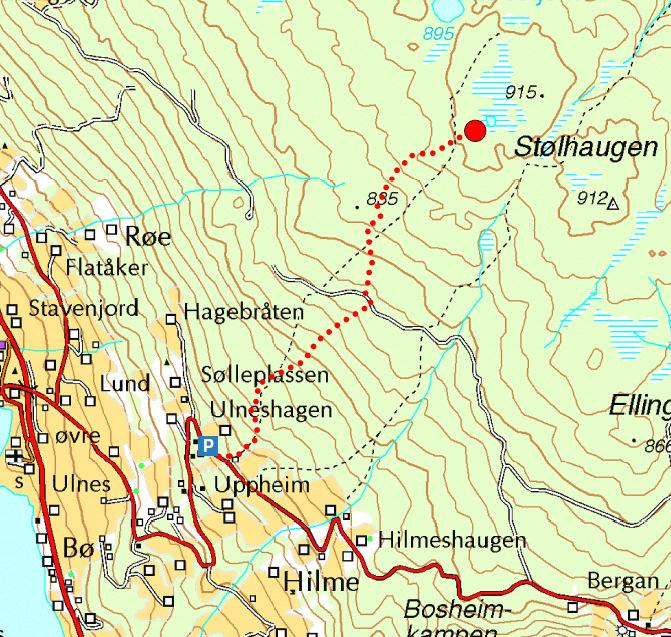 9 Bøamyre 909 moh Bøamyre i Ulnesåsen: Kjør brua over E 16 ved Ulnes kirke mot Fodnes, gjennom to venstresvinger og en skarp høyresving.