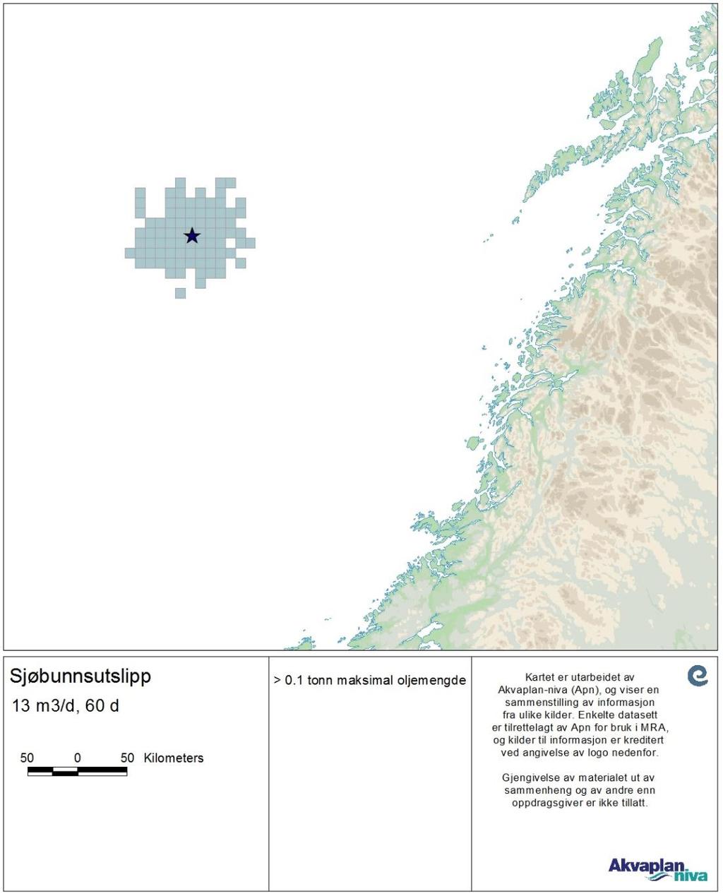 Figur 6 - Området med maksimal beregnet oljemengde større enn 0,1 tonn i en 10x10 km rute, modellert for et sjøbunns-utslipp med maksimal utstrømningsrate og lengste varighet (13,1 Sm 3 /d i 60