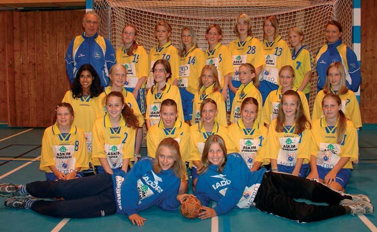 J 13 For terminlister og resultater/tabeller se www.skihandball.no Bak fra venstre: Frode (Trener), Marte K., Maria, Lone, Christine, Susann, Ingunn, Jeanette og Wenche (Trener).