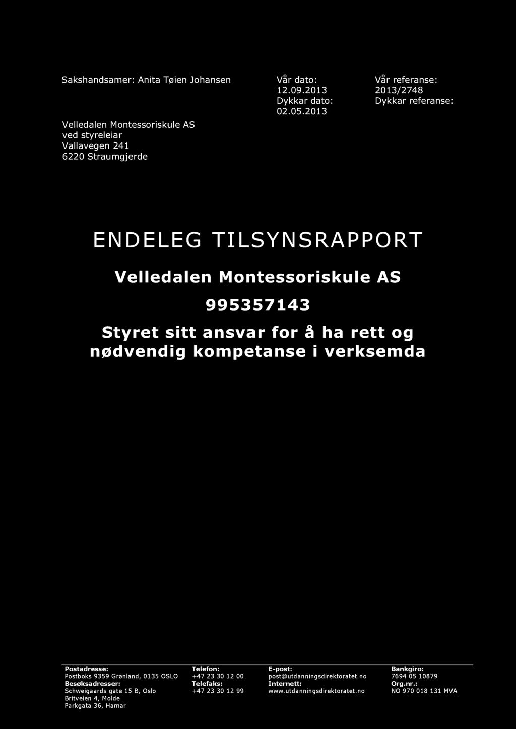 Sakshandsamer: Anita Tøien Johansen Vår dato: Vår referanse: 12.09.2013 2013/2748 Dykkar dato: Dykkar referanse: 02.05.