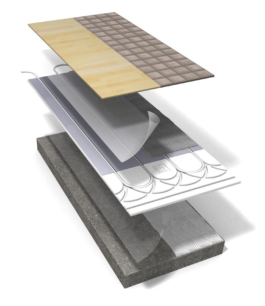 Sporplaten er utstyrt med en limet heldekkende varmefordelingsplate for optimal varmeavgivelse. Ved overgulv som parkett eller laminatgulv legges platene flytende.