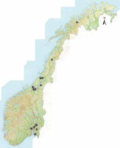 6. RESULTATER OG DISKUSJON Figur 7 viser hvordan de studerte lokalitetene er fordelt i Norge, se vedlegg 1 for litt mer detaljerte kart.