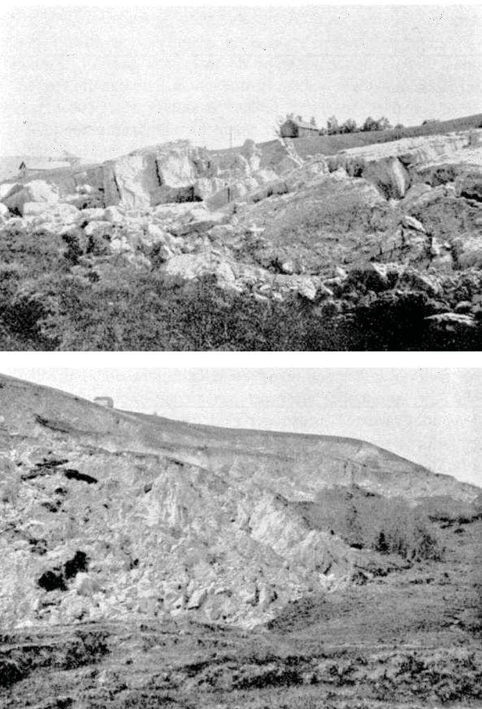 Fig. 1. Øvst: Skredmasser, store leirblokker, nedanfor skredet ved Brå, foto G. Holmsen juni 1928.