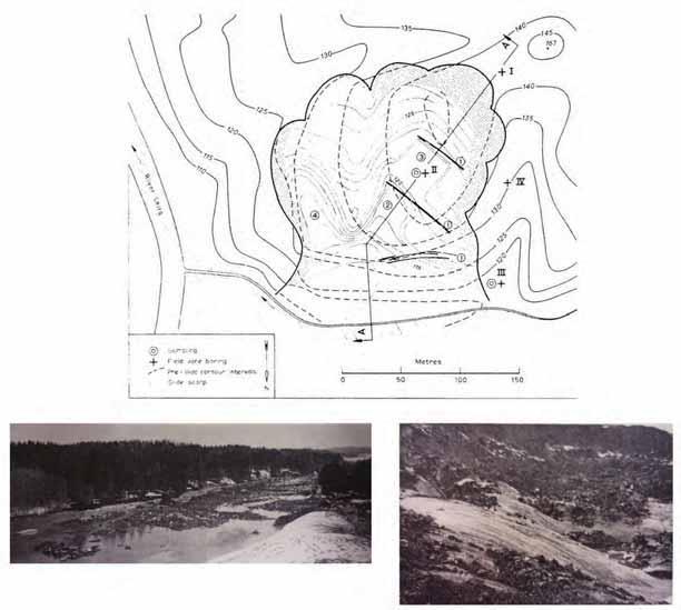 Fig. 1. Øvst: Kart som viser skredet ved Hekseberg: 1) Observerte sprekker 18. mars, 2) Glatt, skrånande glideflate den 20. mars, 3) Glatt, flat glideflate 21.