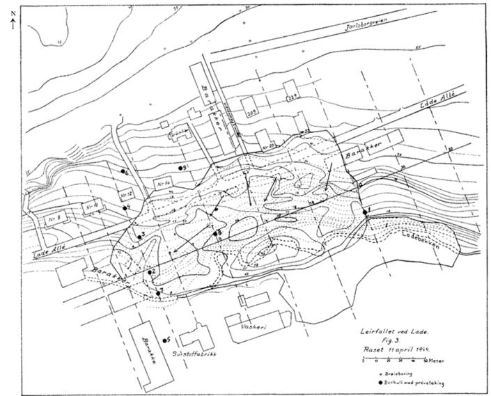 Fig. 2a. Kart over skredgropa Lade 1 som også viser rørsleretning (Holmsen & Holmsen 1946). Fig. 2b.