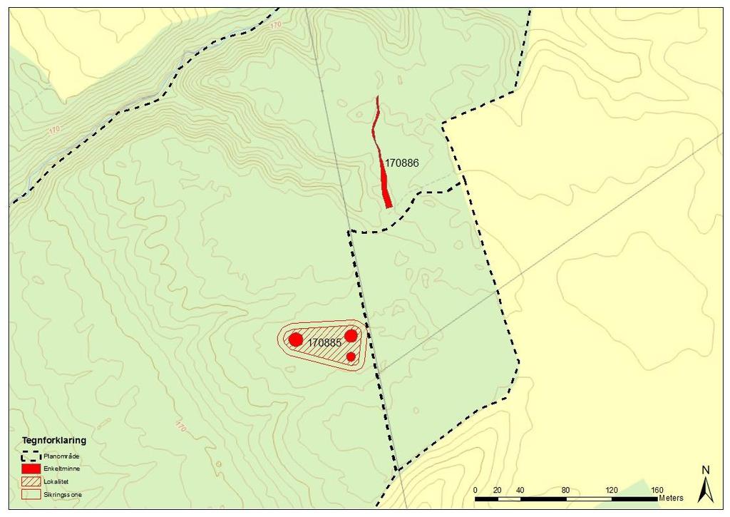 Ny d y r k in g F e n s t a d N o r d r e Kart 4: Oversiktskart over funn innenfor planområdet. ID 170885. Tre kullmiler fra middelalder på Fenstad nordre gbnr.