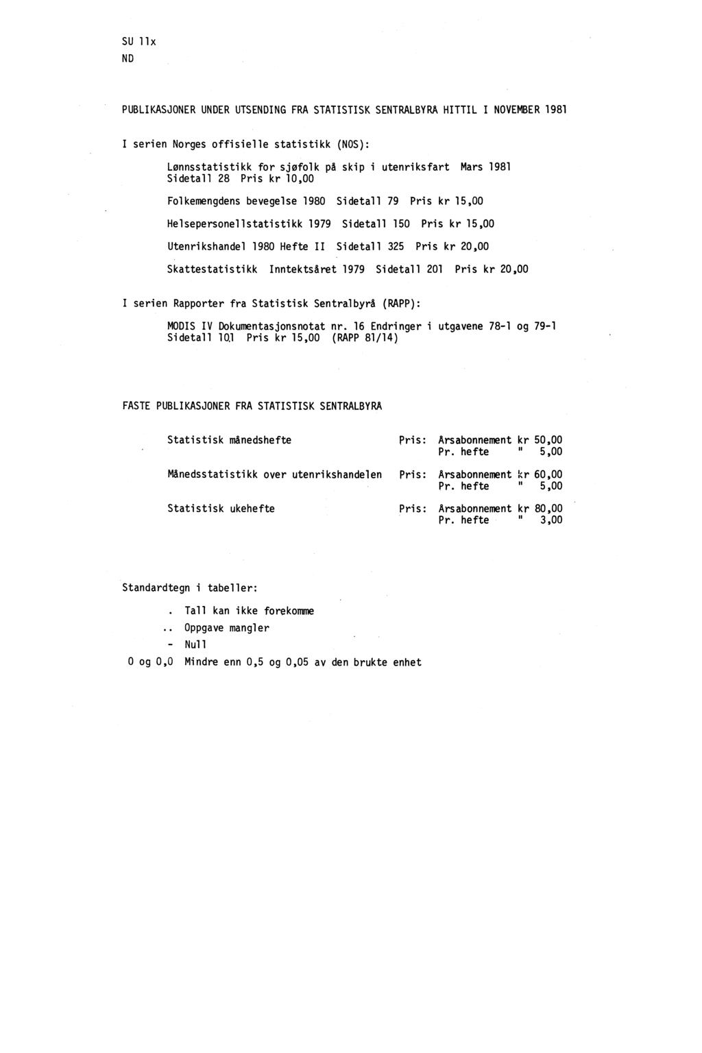 SU lix ND PUBLIKASJONER UNDER UTSENDING FRA STATISTISK SENTRALBYRA HITTIL I NOVEMBER 1981 I serien Norges offisielle statistikk (NOS): Lønnsstatistikk for sjøfolk på skip i utenriksfart Mars 1981
