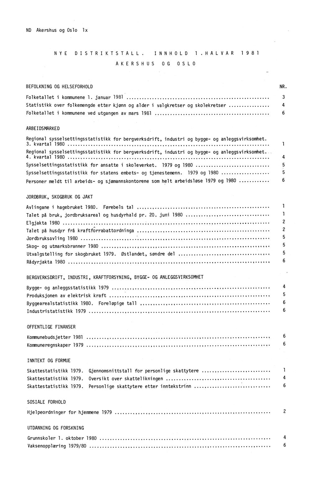 ND Akershus og Oslo NYE DISTRIKTSTALL.INNHOLD 1.HALVAR 1 981 AKERSHUS OG OSLO BEFOLKNING OG HELSEFORHOLD NR. Folketallet i kommunene 1.