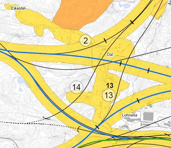 4.13 Eikestøl, Dal Registreringskategori: Boliger/bebygde områder Lokalisert langs veien mot Dal og Eikestøl ligger det noe spredt bebyggelse.