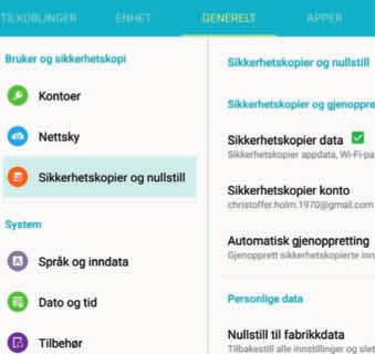 Ta sikkerhetskopi av de viktigste innstillingene Android kan ta sikkerhetskopi av innstillinger, passord til trådløse nettverk og en liste over installerte