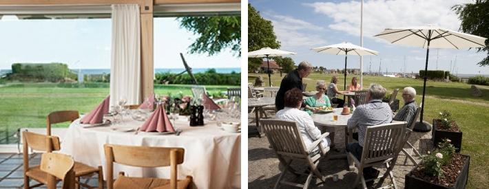 Fra hotellets restaurant og terrasse er det en fin utsikt til havet Dere