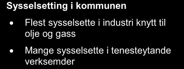 2.2 Næringsliv Hovudnæringa i kommunen er serviceverksemder, bygg og anlegg og industri knytt til oljeindustrien. I kommunen er det og fleire verksemder knytt til fiske og havbruk.