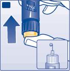 G Mens nålen holdes oppover, presses trykknappen helt inn. Dosevelgeren går tilbake til 0. Det skal nå komme en dråpe insulin til syne på nålespissen.