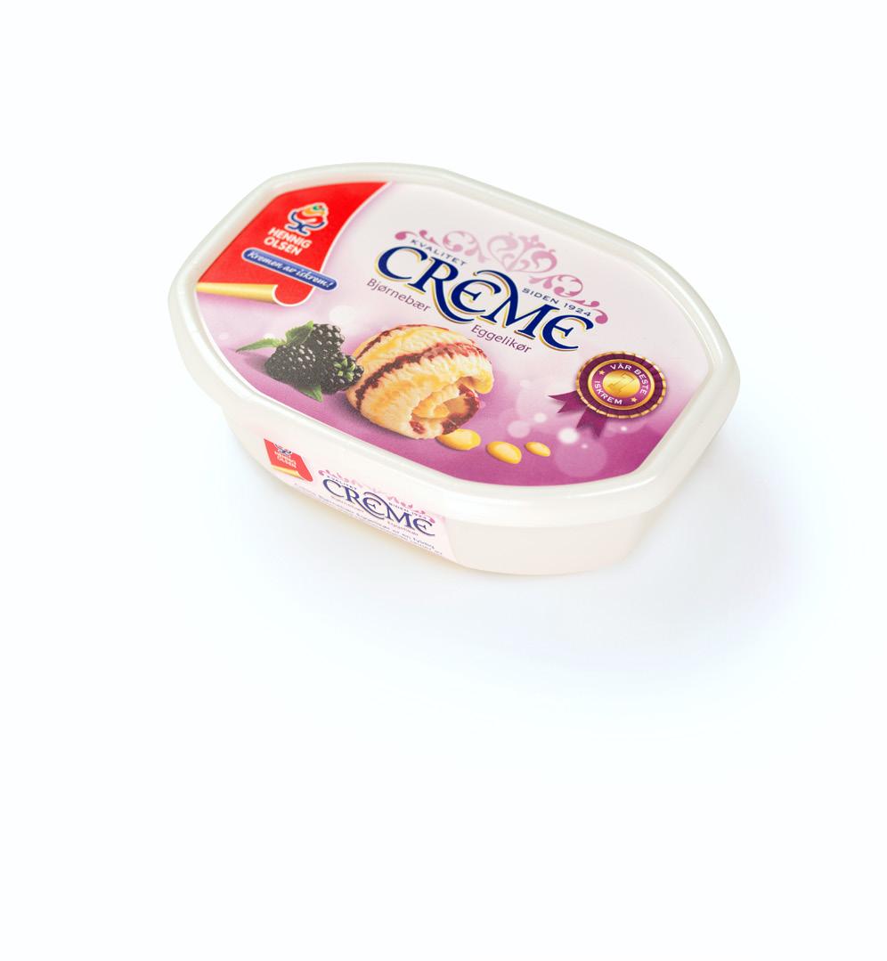 Dessertis Crème Bjørnebær Eggelikør Jubileumsis med eggelikør- og bjørnebærrippel (fløteis) Innhold ca. 0,9 ltr. F-pakk i D-pakk: 6.