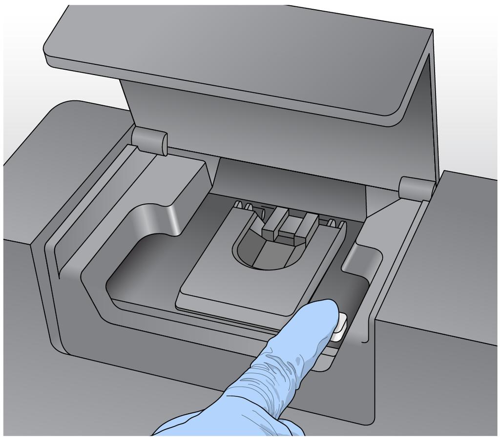 Sekvensering Laste inn strømningscellen 1 Løft døren til strømningscellekammeret, og trykk inn utløserknappen til høyre for strømningscellesperren. Strømningscellesperren åpnes.