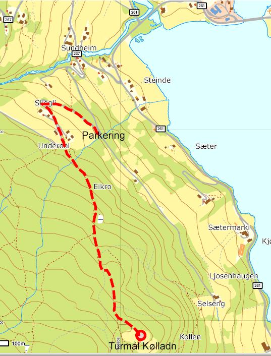 12 Kølladn Kjørebeskrivelse: Kjør til Ulnes, over brua til Steinde på vestsida, oppover vegen mot Vaset, rett før første brua tar du skarpt inn til venstre.