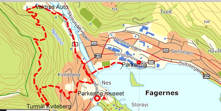 2 Kviteberg 543 moh Parkering: Fagernes sentrum, evt. Valdres Folkemuseum Turbeskrivelse: Godt skiltet fra Fagernes sentrum (Turistinformasjonen).