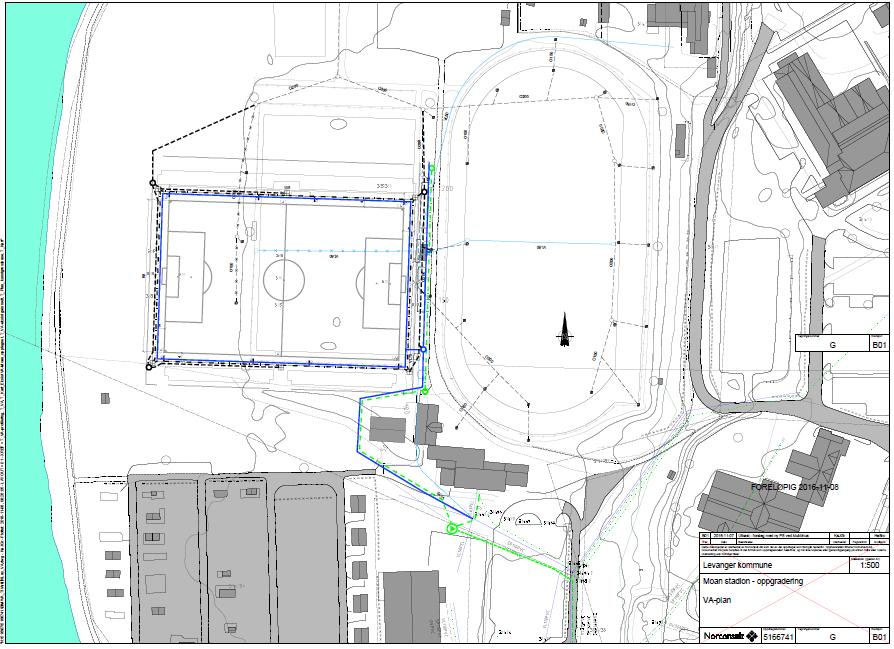 VA-plan kunstgressbane Levanger stadion Drenssystemet på kunstgressbanen ble etablert med 6 sandfangkummer, 3 på hver side av banen. Kummene har gode sandfang med enkel adkomst for tømming.