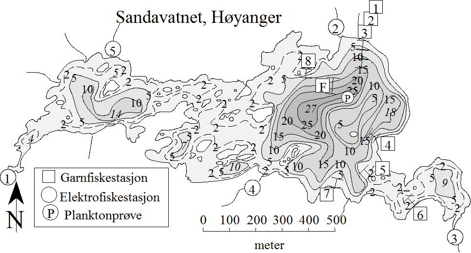 7 SANDAVATNET I HØYANGER INNSJØEN Sandavatnet (LN 199 889, 1217-3) ligger i Guddalsvassdraget (82.Z) i Høyanger kommune, 34 moh. Innsjøen har et areal på 49 ha.