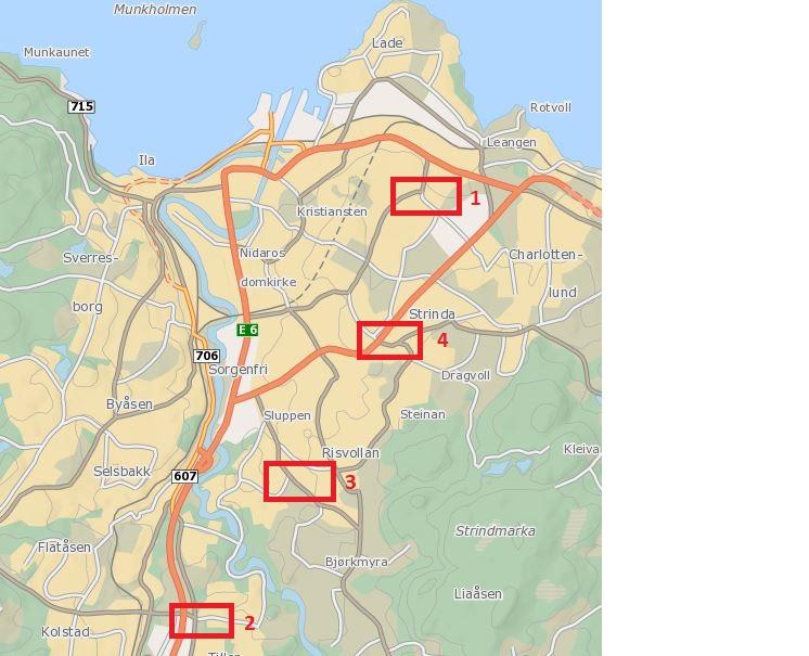 Figur 16 Oversikt over aktuelle studieområder 1. Valentinlyst, to rundkjøringer 2. Sjetnemarka, en rundkjøring 3. Nidarvoll, to rundkjøringer 4. Moholt, to rundkjøringer Valentinlyst mandag 24.03 kl.