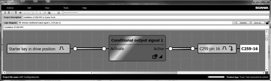 3. Programmering i BICT Upper vehicle speed limit for permitted activation 1 km/h Upper vehicle speed limit for deactivation 2 km/h Starter key in drive position C259 pin 16 Conditional output signal