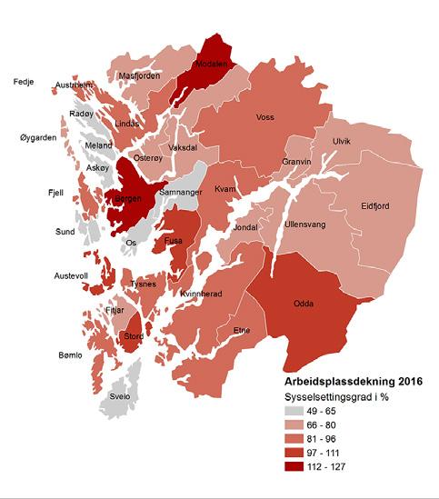 19 Figur 4.2: Høg utpendling frå dei sentrale kommunane Kartet i figur 4.2 viser arbeidsplassdekninga i fylket delt inn i fem kategoriar (sjå tabell 4.2 for verdiane for kommunane).