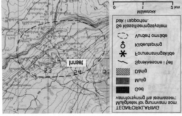 strukturane i berggrunnen er i området, men ifølge Rohr-Torp (1986) er mogelegheitene gode. Fig.4. Utsnitt fra kartblad (M711)1520-II Innset som viser det vurderte området Innset.