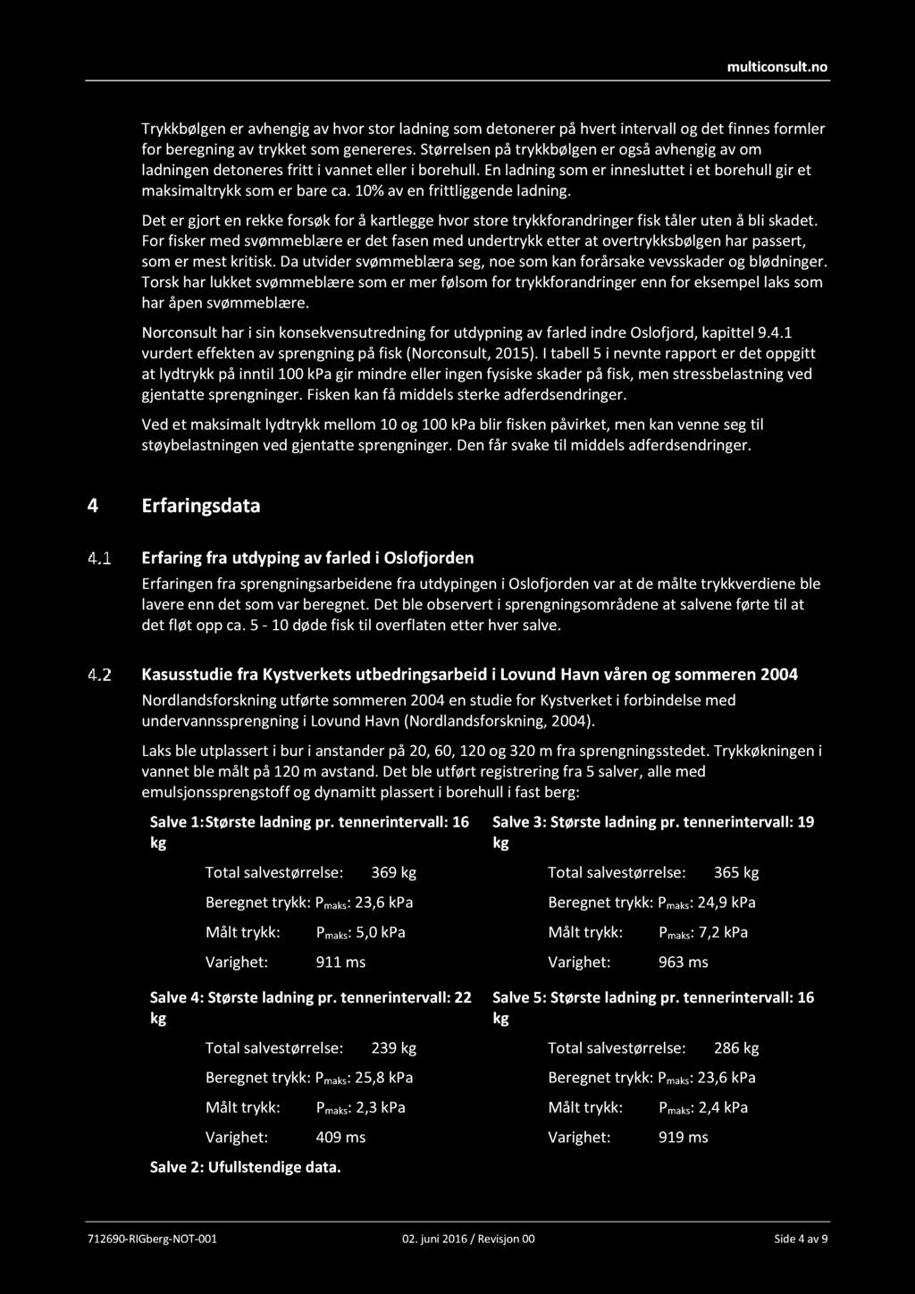 Trykkbølg en er avhengig av hvor stor ladning som detonerer på hvert intervall o g det finnes formler for beregning av trykket som genereres.