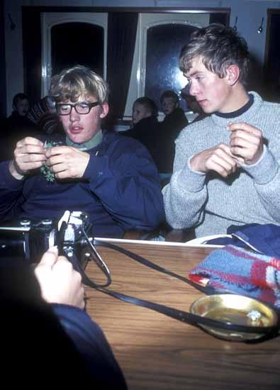 Bildet er tatt om bord på Bastøferjen under en ekskursjon til Presterødkilen og Ilene i Tønsberg, Vestfold den 12.10.1969. Her er det en plante som skal bestemmes. Foto: Morten Brandt.