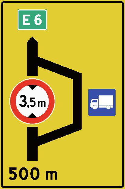 Skiltforskriften, skilt 741: Skiltet varsler om at vegen er stengt for bestemte kjøretøygrupper, og at slike kjøretøy må følge omkjøring.