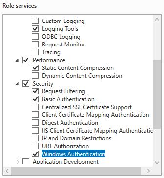 3. Ta med disse ekstra rolletjenestene (Role Services) i tillegg til de Windows foreslår selv: Logging Tools Basic Authentication Windows Authentication 4. Fullfør installasjonen.