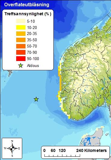 3.2.2 Strandet mengde olje/emulsjon Treffsannsynligheten for olje gitt en utblåsning fra letebrønnen Geitungen er vist i Figur 3-5.