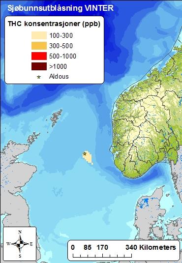 Figur 3-7 Beregnede gjennomsnittlige THC konsentrasjoner ( 100 ppb) i 10 x 10 km ruter per sesong, basert på alle kombinasjoner av rater og varigheter og deres individuelle sannsynligheter ved