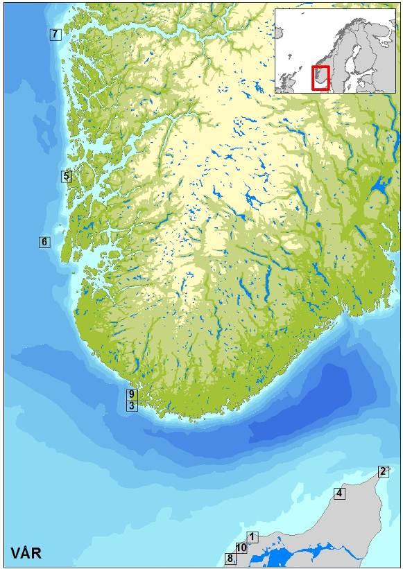 Figur 3-9 De ti 10 10 km rutene langs kysten med størst miljørisiko i hver sesong ved utblåsning